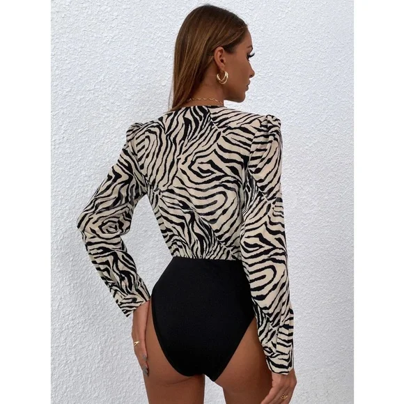Zebra Animal Print Bodysuit Long Bishop Sleeves Puff V-Neck Surplice Black Beige - Picture 3 of 8
